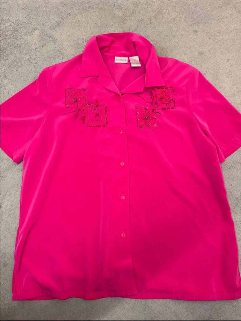 Vintage Koret Hot Pink Short-Sleeve Button Down Shirt with Embellished Chest